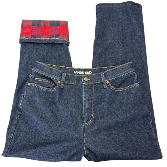 Lands' End Denim - Lands’ End Flannel Lined Straight Leg Sustainable Denim Jeans Size 12 High Rise